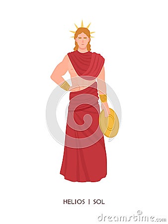 Helios or Sol - Olympian god or deity of Sun in Greek and Roman religion and mythology. Male character wearing radiant Vector Illustration