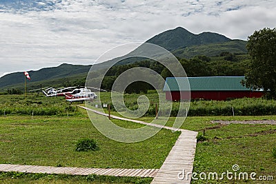 Helipad on the source of river Ozernaya on Kurile lake. South Kamchatka Nature Park. Editorial Stock Photo