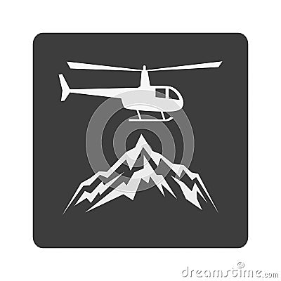 Heliskiing flat icon with helicopter and mountains. Vector Illustration