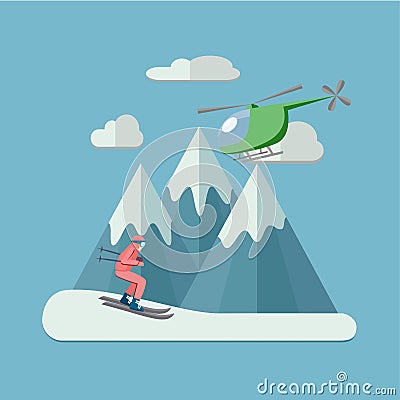 Heliskiing flat illustration Cartoon Illustration