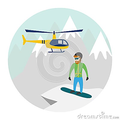 Heliskiing flat illustration with helicopter, mountains and snow Vector Illustration