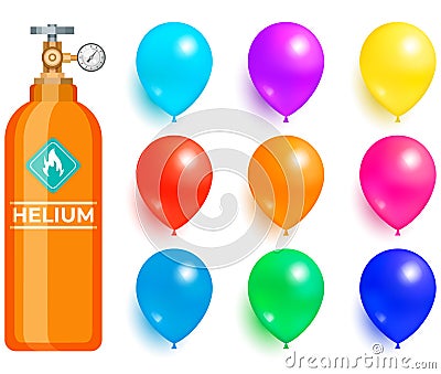 Helium container for inflating balloons. High cylinder, canister with gas, flammable substance Vector Illustration