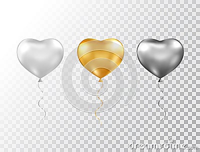 Helium heart balloons set isolated on transparent background. Foil glossy gold, silver and black festive balloons Vector Illustration