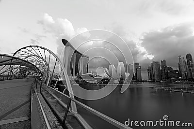 Helix bridge and the Singapore Marina Bay Signature Skyline in black and white photo Editorial Stock Photo