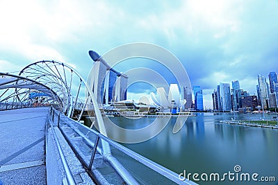 Helix bridge and the Singapore Marina Bay Signature Skyline Editorial Stock Photo