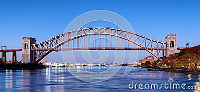 Hell Gate Bridge at night, in Astoria, Queens, New York. USA Stock Photo