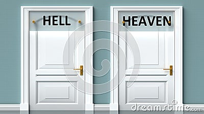 Hell and heaven as a choice - pictured as words Hell, heaven on doors to show that Hell and heaven are opposite options while Cartoon Illustration