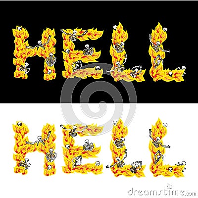 Hell text. fire letters. Skeletons in inferno. Sinners in Gehennal. Satanic symbol. hellish thick Vector Illustration