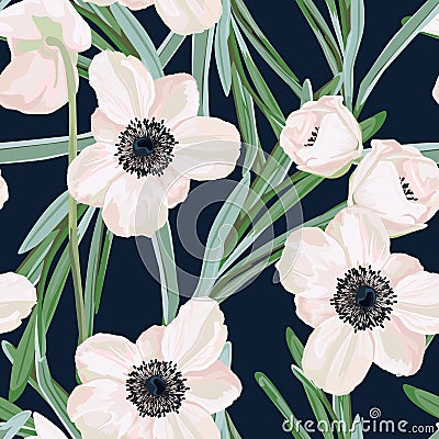 Seamless pattern with white anemone flowers and eucalyptus. Winter floral design for wedding invitation Cartoon Illustration