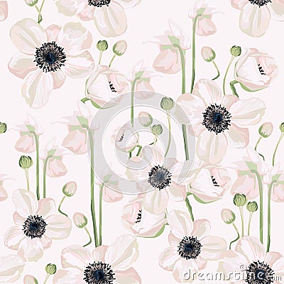 Hellebore anemone Christmas winter rose floral seamless pattern texture. Pink black flowers with green leaves foliage on white nav Vector Illustration