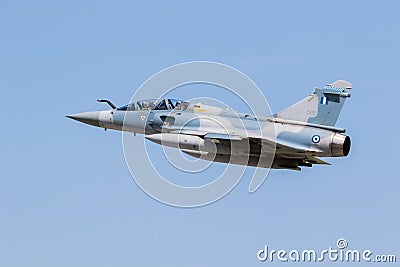 Hellenic Air Force Dassault Mirage 2000 fighter jet plane in flight over Larissa Air Base. Greece - May 4, 2017 Editorial Stock Photo