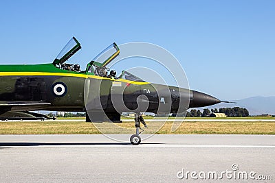 Hellenic Air Force RF-4E Phantom II reconnaissance jet plane taxiing at Larissa Air Base. Greece - May 4, 2017.airbase, air base, Editorial Stock Photo