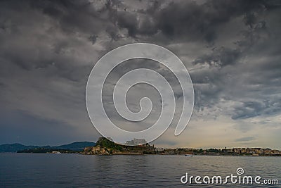 Hellenic temple and old castle at Corfu island Stock Photo