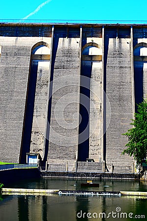 Hellental, Germany - 07 30 2020: overflow holes high up in Oleftalsperre Stock Photo