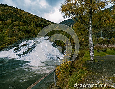 Hellesyltfossen waterfall in Hellesylt in the municipality of Stranda in MÃ¸re og Romsdal Stock Photo