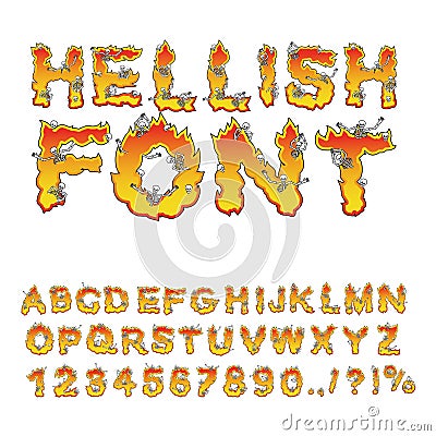 Hellish font. inferno ABC. Fire letters. Sinners in hellfire. H Vector Illustration