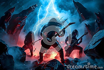 hellish heavy metal rock musicians band with electric guitars in a rock world Stock Photo