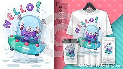 Hello alien poster and merchandising. Vector Illustration