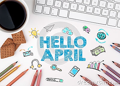 Hello april, Business concept. Computer keyboard and cup of coffee on a white table Stock Photo