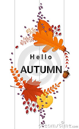 Hello autumn background with decorative wreath on wooden board Vector Illustration