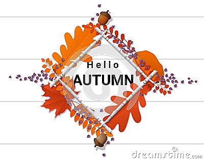 Hello autumn background with decorative wreath on wooden board Vector Illustration