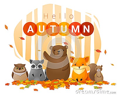 Hello autumn background with wild animals Vector Illustration