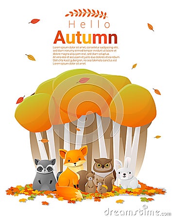 Hello autumn background with woodland animals Vector Illustration