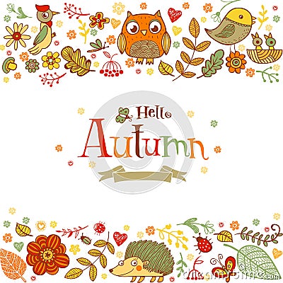 Hello Autumn banner in doodle style Vector Illustration