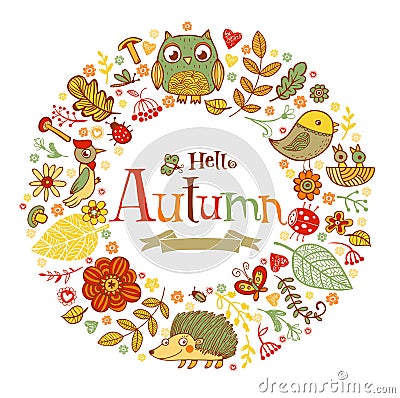 Hello Autumn banner in doodle style Vector Illustration