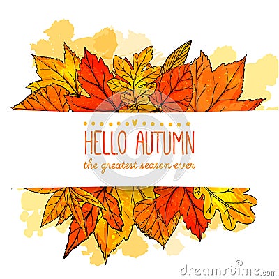 Hello autumn banner with orange and red hand drawn Vector Illustration