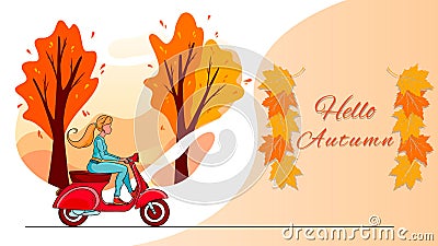 Hello autumn banner. Autumn park trees and a blonde girl on a red scooter. Vector Illustration
