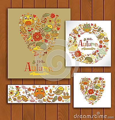 Hello Autumn banner set in doodle style Vector Illustration