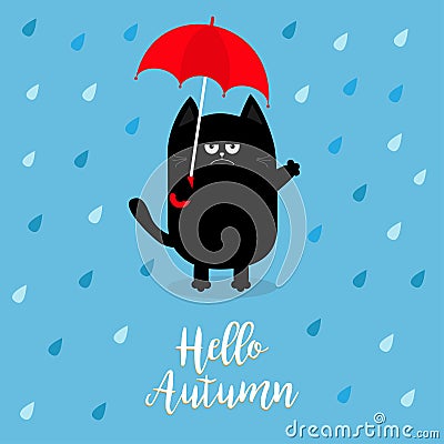 Hello autumn. Black cat holding red umbrella. Rain drops. Angry sad emotion. Hate fall. Cute funny cartoon baby character. Pet ani Vector Illustration