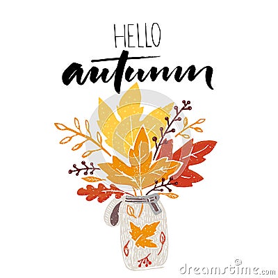 Hello autumn calligraphy with illustration of bunch of maple and golden leaves. Inspirational saying fall design. Vector Illustration