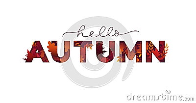 Hello autumn card with lettering and falling foliage Vector Illustration