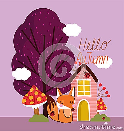 Hello autumn, cartoon cute fox house mushrooms tree sky clouds Vector Illustration