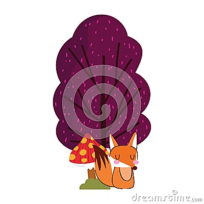 Hello autumn, cartoon cute fox house mushrooms tree Vector Illustration