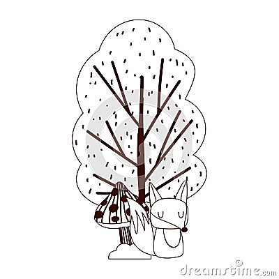 Hello autumn, cartoon cute fox mushrooms tree isolated design white background line style Vector Illustration