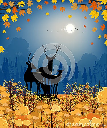 Hello Autumn forest Silhouette with reindeers and full moon and blue sky,Mid autumn woodland landscape at night with maple leaves Vector Illustration