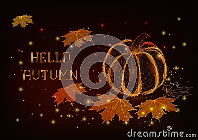 Hello Autumn greeting card template with glowing pumpkin, maple leaves, stars. Vector Illustration