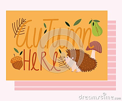 Hello autumn, hand drawn card with cute hedgehog mushrooms fruit and leaves Vector Illustration