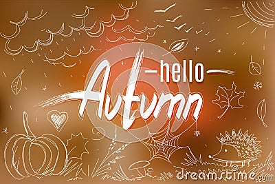 Hello Autumn handwritten lettering and doodle line autumn symbols around it Vector Illustration