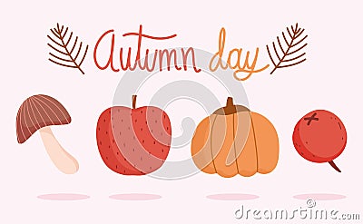 Hello autumn, harvest pumpkin apple mushroom and berry icons Vector Illustration