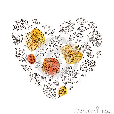 Hello autumn! Heart composed of hand drawn autumn leaves. Vector Illustration