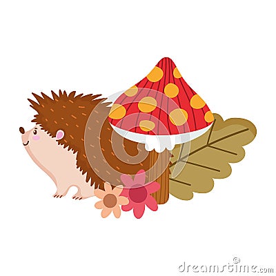 Hello autumn, hedgehog mushroom flowers leaf nature Vector Illustration