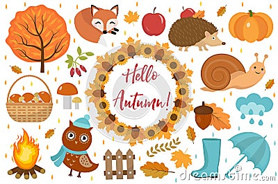 Hello Autumn icons set flat or cartoon style.Collection design elements with leaves, trees, mushrooms, pumpkin, wild Vector Illustration