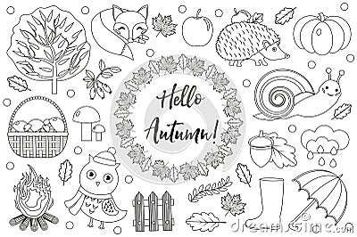 Hello Autumn icons set sketch, hand drawing, doodle style.Collection design elements with leaves, trees, mushrooms Vector Illustration