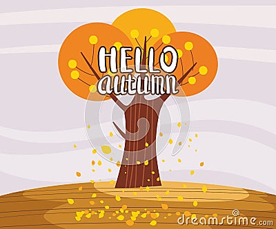 Hello Autumn landscape lonely tree in trend style flat cartoon panorama horizon. Illustration vector isolated banner postcard Cartoon Illustration