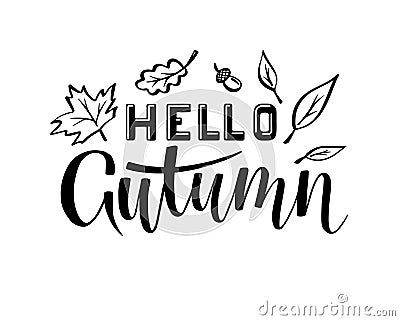 Hello autumn lettering hand draw Vector Illustration