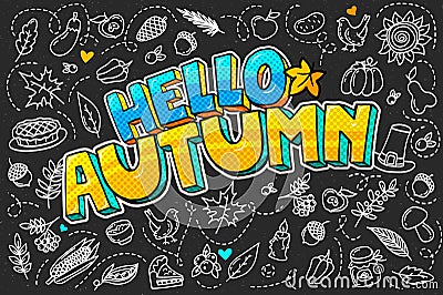 Hello autumn message in pop art style. Vector Illustration